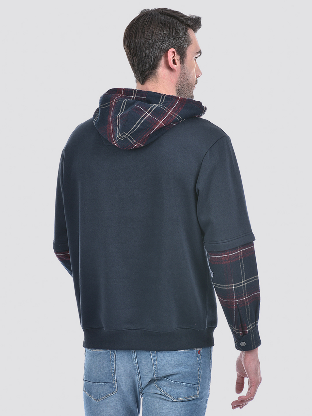Numero Uno Men Blue Checks Hooded Neck Brushed Fleece Sweatshirt